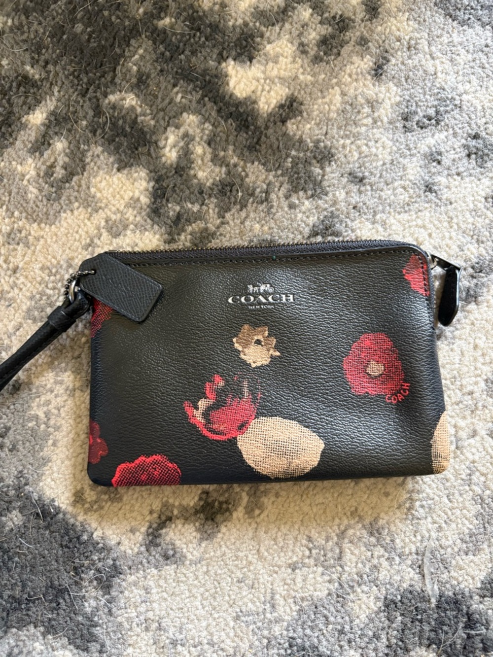 COACH Black Floral Leather Wristlet with Red & Cream Blooms